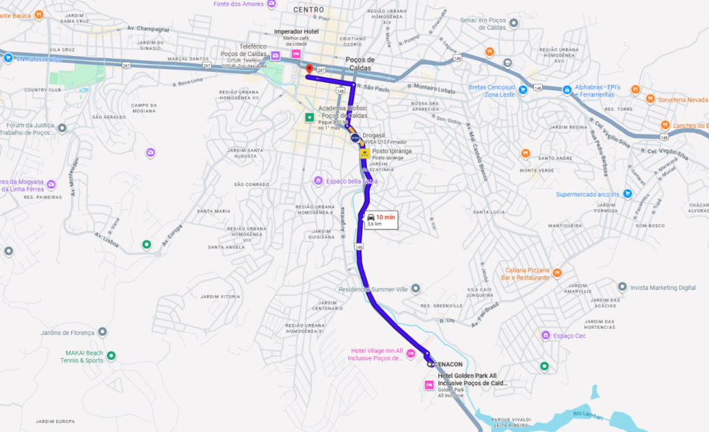 Guia Estratégico: A Viabilidade do Hotel Dan Inn Poços de Caldas para Viagens Corporativas em 2025 4 Mapa esquemático de Poços de Caldas mostrando a rota entre o Hotel Dan Inn no centro e o Centro de Convenções (CENACON)