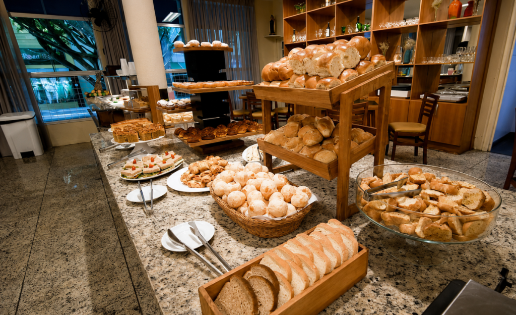 Hotéis no centro de Poços de Caldas: guia completo para escolher a melhor hospedagem 3 Cafe da manha farto servido no Dan Inn Pocos de Caldas com produtos regionais mineiros frutas da estacao e paes artesanais