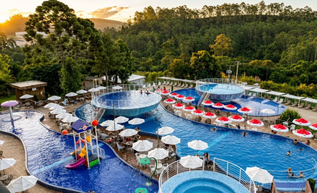 Resort em Poços de Caldas: para quem esse tipo de hospedagem é indicado? 2 Vista aérea do Cassino All Inclusive Resort em Poços de Caldas, com piscinas e jardins ao fundo da Serra de São Domingos