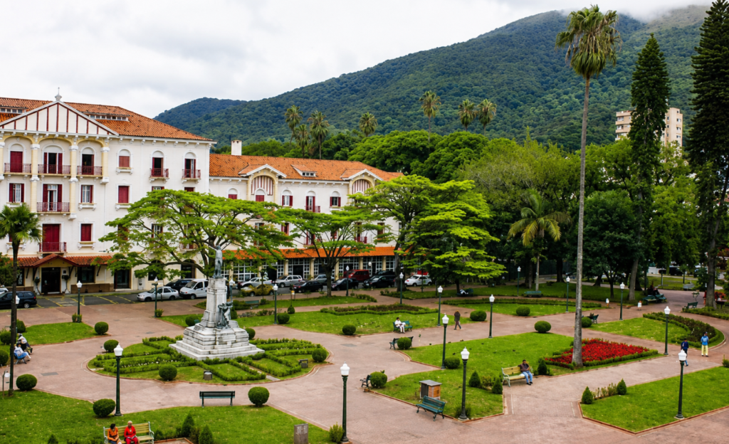 Onde Ficar em Poços de Caldas: o Guia Completo da Região Central 2 Praça central de Poços de Caldas com coreto histórico ao entardecer, rodeada por prédios antigos e árvores