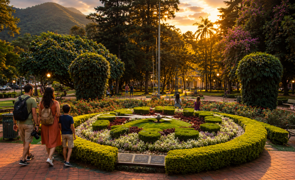 O que fazer em Poços de Caldas: atrações para incluir no seu roteiro 4 Praça central de Poços de Caldas com jardins floridos ao entardecer