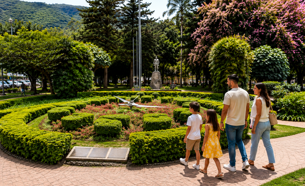 Hotel em Poços de Caldas para família: a viagem que resolve todo mundo com um único endereço 2 Família com crianças pequenas caminhando por área verde e arborizada de Poços de Caldas
