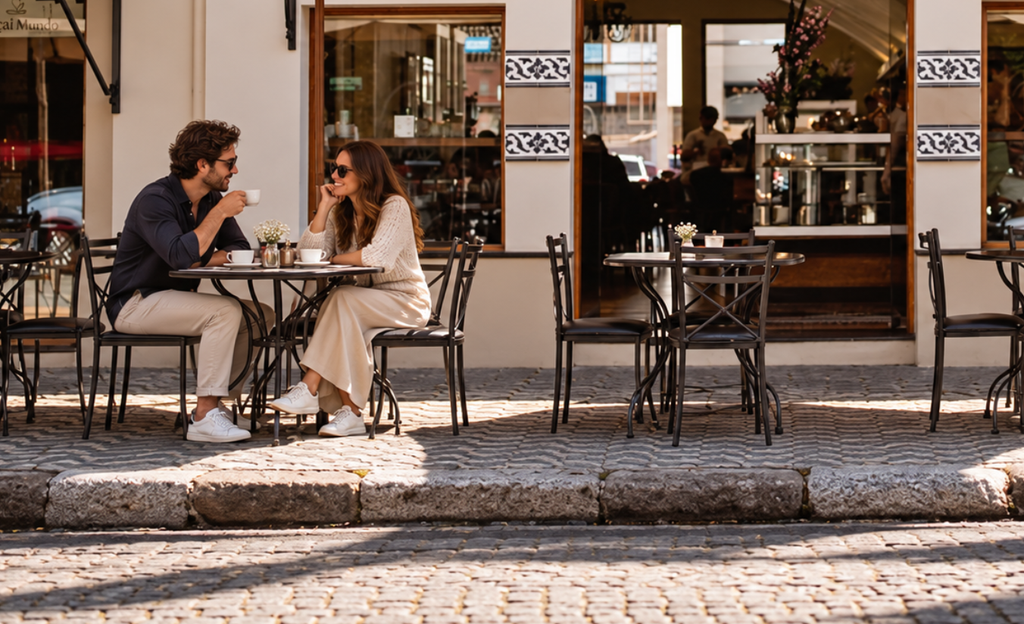 Nem toda escolha de hotel em Poços de Caldas para casal precisa parecer um cálculo frio de estrelas e diárias 3 Casal sentado em um café ao ar livre no centro de Poços de Caldas